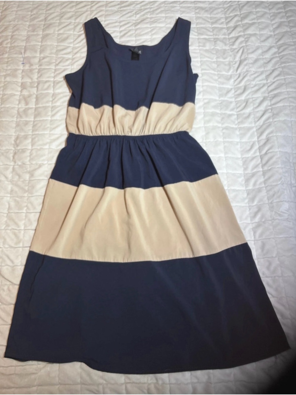Enfocus Studio Navy and Cream Striped Sleeveless Dress